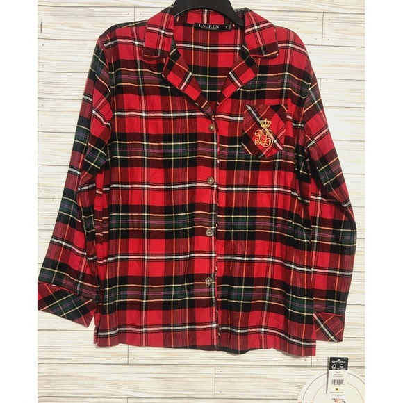 Lauren Ralph Lauren Sleepshirt Womens Medium Plaid Flannel Button Up Embroidered - Picture 2 of 8